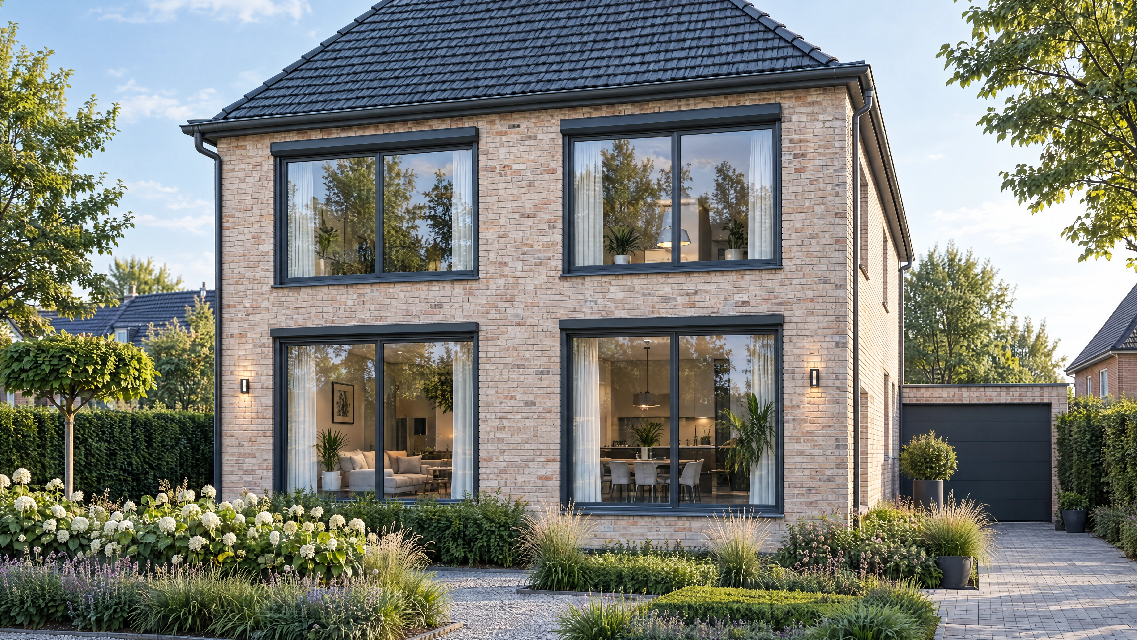 Huis met rolluiken boven en doorzichtige screens beneden.