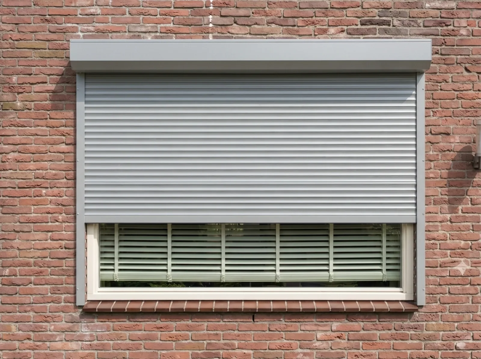 Rolluik in grijs op een bakstenen gevel