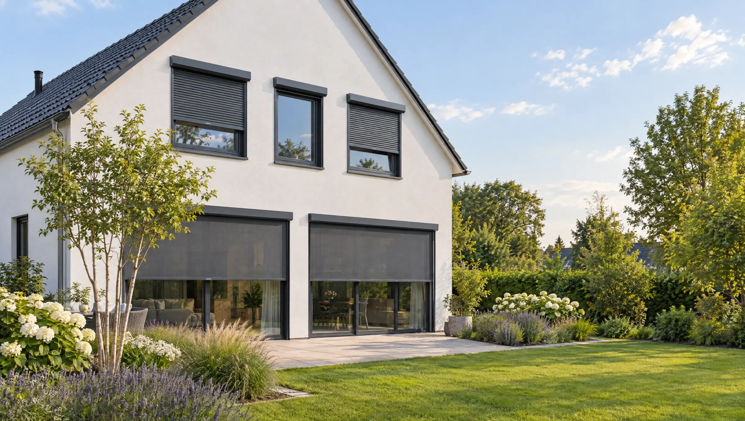 Modern vrijstaand huis met antraciet rolluiken boven en screens voor de schuiframen, met een aangelegde tuin