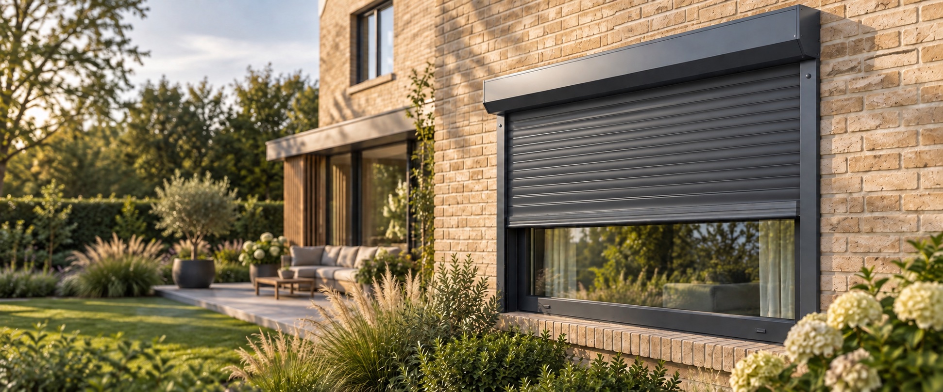 Luxe woning met aangelegde tuin, schuin van opzij gezien met een halfopen antraciet rolluik op de voorgrond