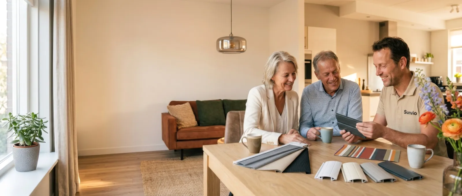 Sunvio-adviseur in beige polo laat een echtpaar aan de eettafel rolluiklamellen en doekstalen zien