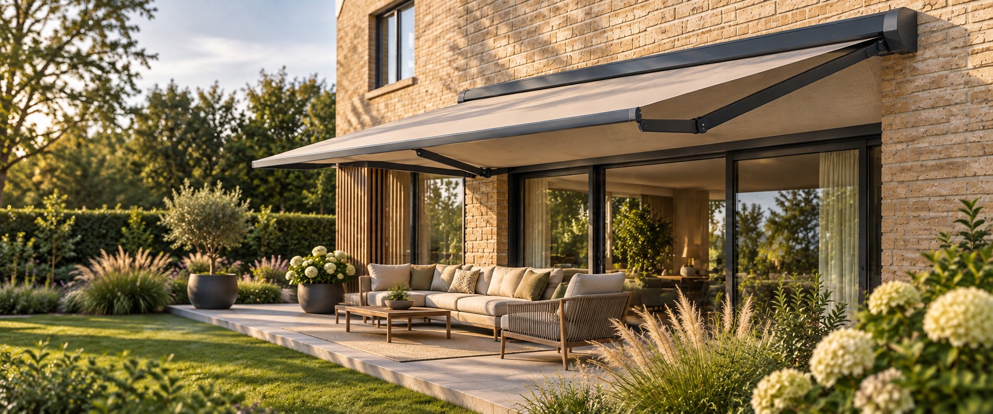 Uitgeschoven zonnescherm aan een luxe woning met aangelegde tuin en terras, schuin van opzij gezien