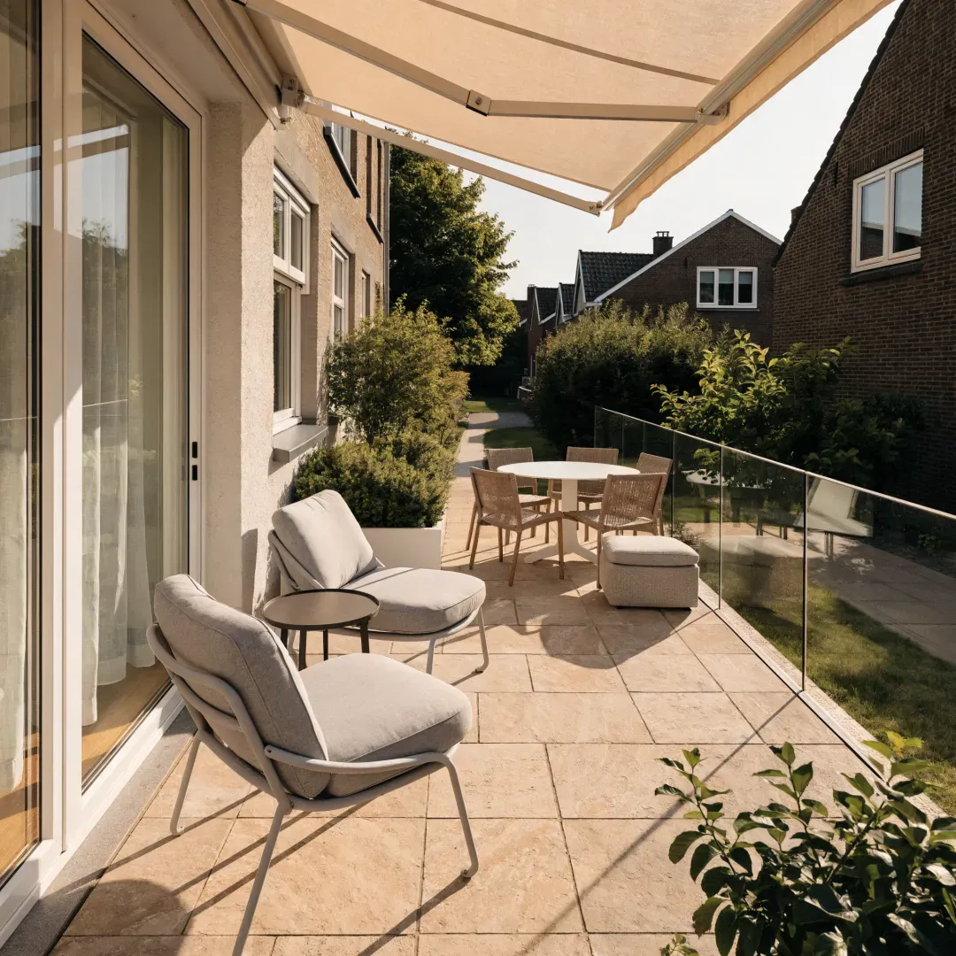 Terras met loungeset onder een uitgeschoven zonnescherm