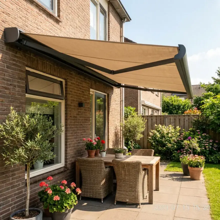 Zonnescherm uitgeschoven boven een terras