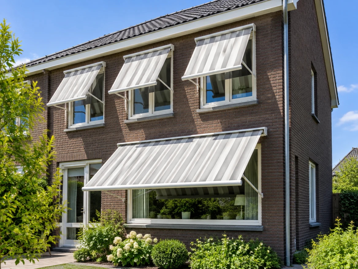Sfeerbeeld van een bakstenen woning met gestreepte uitvalschermen
