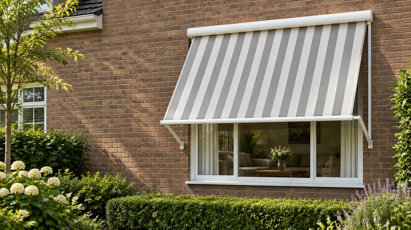 Uitvalschermen met gestreept doek boven de ramen van een woonhuis